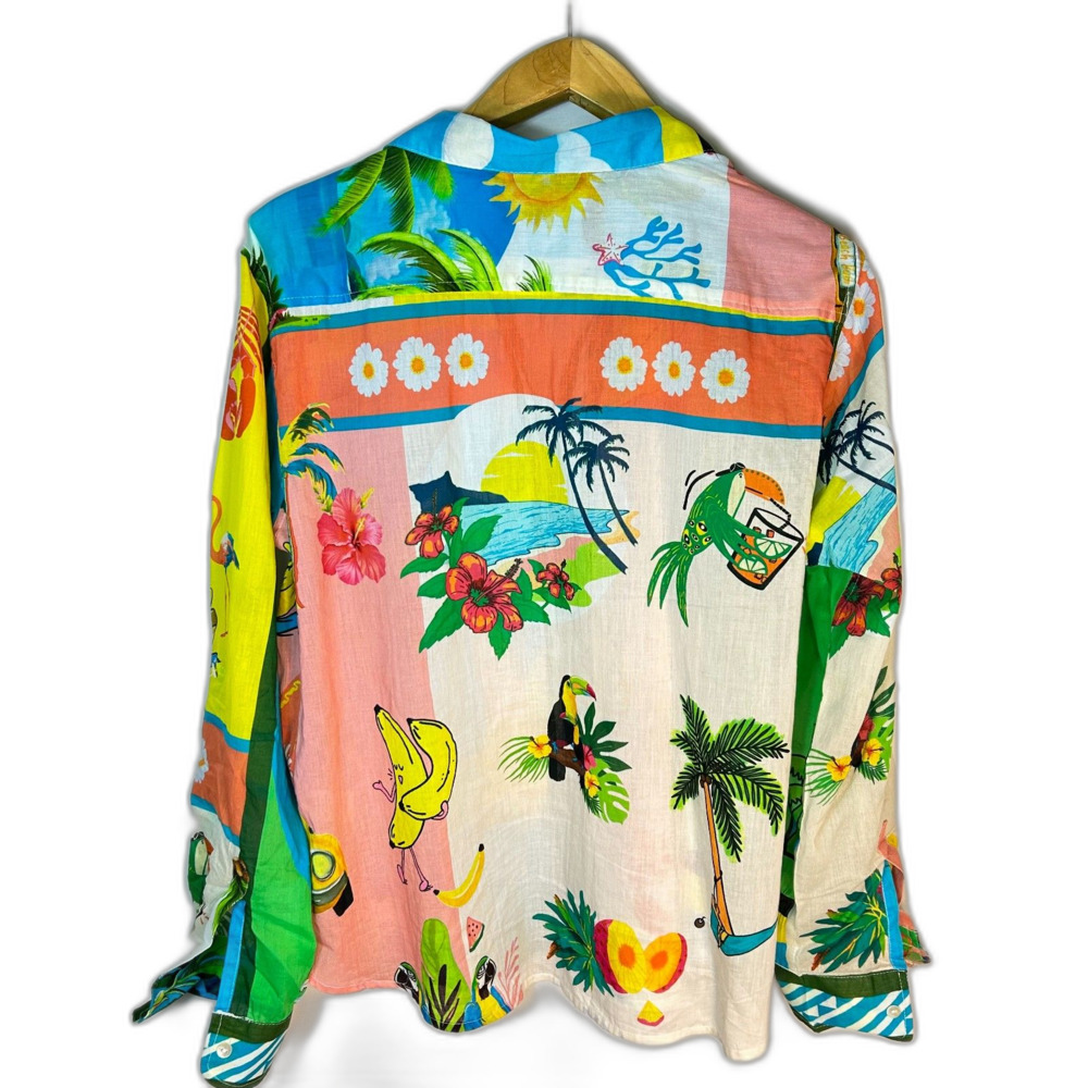 Lucky & Coco NWOT Women's Vibrant Tropical Patchwork Button Front LS Shirt Sz XL - Picture 9 of 15